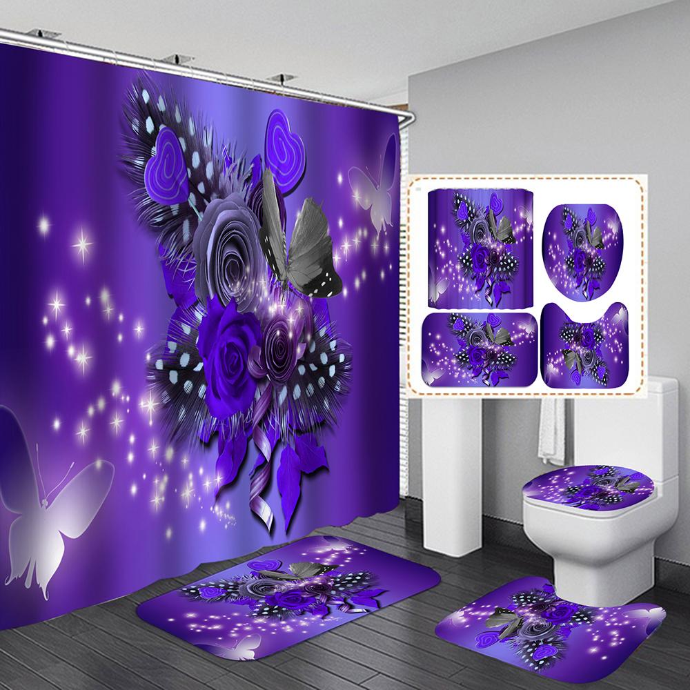 Colorful Flowers Fabric Shower Curtains Bath Mats Rugs Toilet Lid Cover Beautiful Butterfly Flower Bathroom Curtains Set Decor