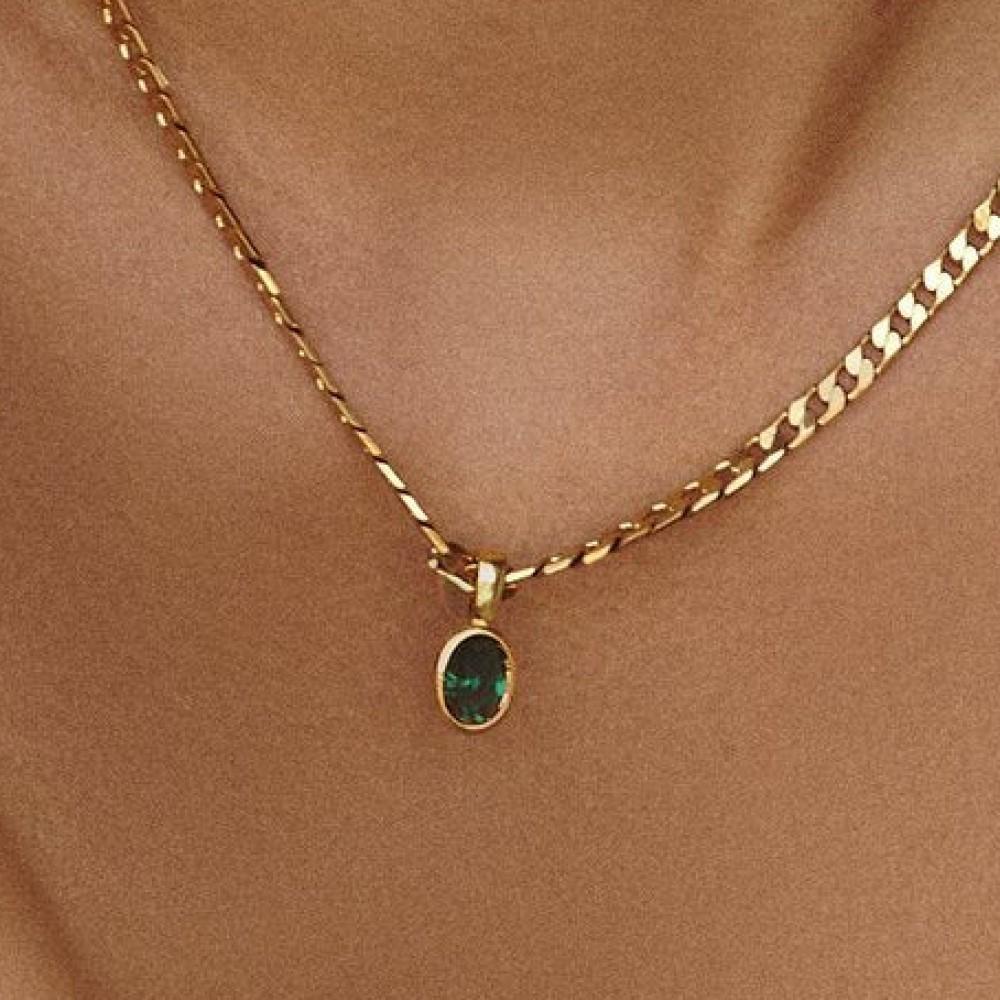 Dainty Stainless Steel Oval Multi-color Natural Stone Pendant Necklace for Women 18k Gold Plated Cuban Chain Necklaces Zircon