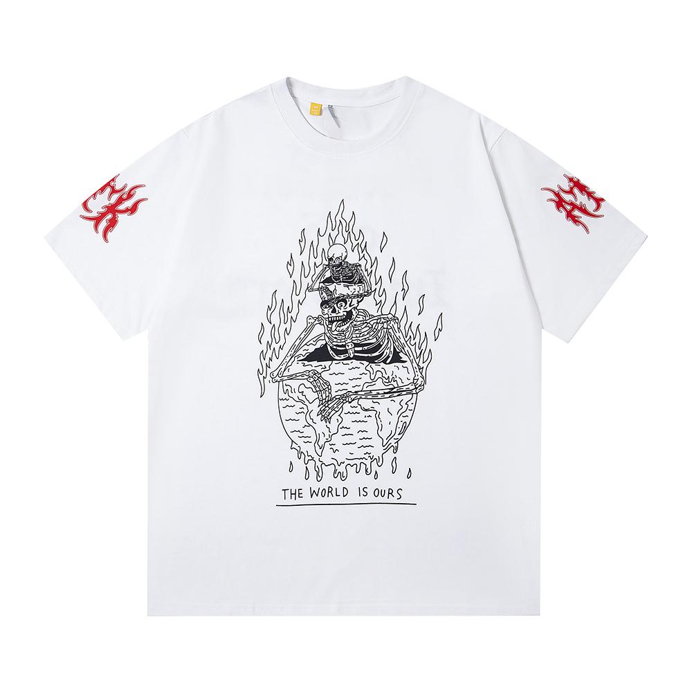 Men Women  The World Is Ours  Skeleton & Fire Print Oversized T-shirt Streetwear Cotton Tee S
