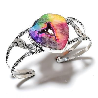 Natural Rainbow Solar Quartz Gemstone 925 Sterling Silver Cuff Bangle Adj. B7k39