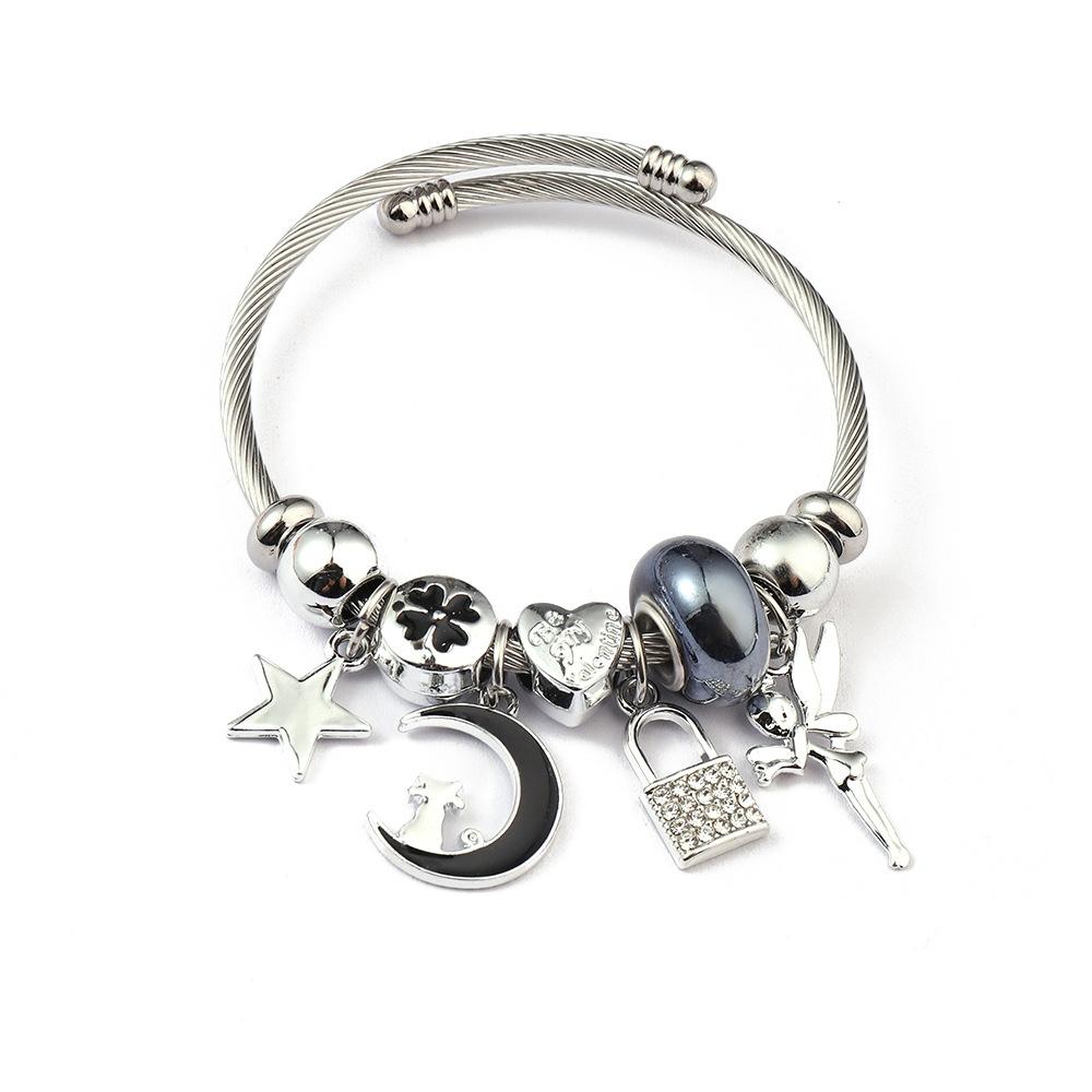 Simple Fashion Stainless Steel Bracelet With Crystal Bead Pendant Unisex Jewelry