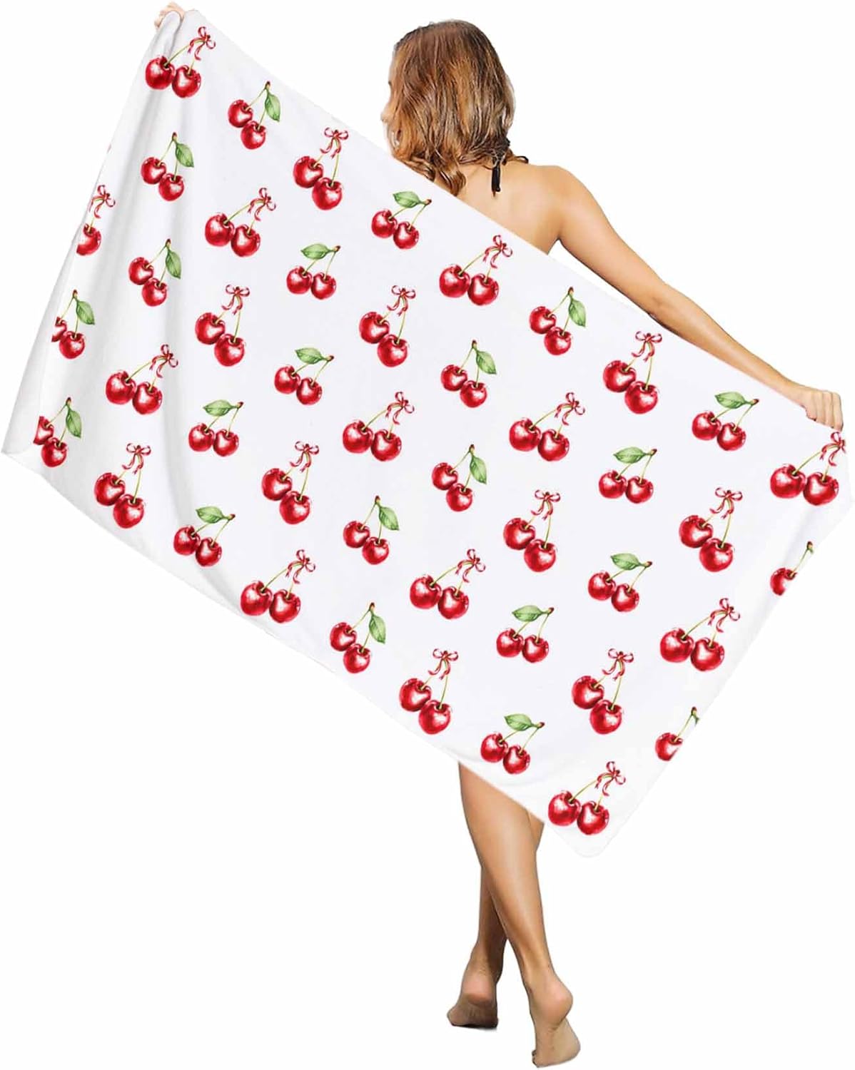 

Artistic Red Cherry Beach Towel, Summer Fruit Pattern Quick Dry Absorbent, Large Sand Free Travel Pool Bath Essentials W40*H60(CM)