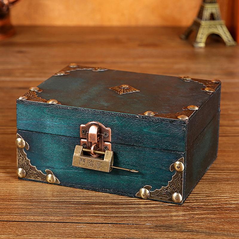 Vintage Wooden Storage Box Small Wooden Storage Chest Trunk Pirate Treasure Chest With Lock Trinket  Jewelry Necklace Decor Box