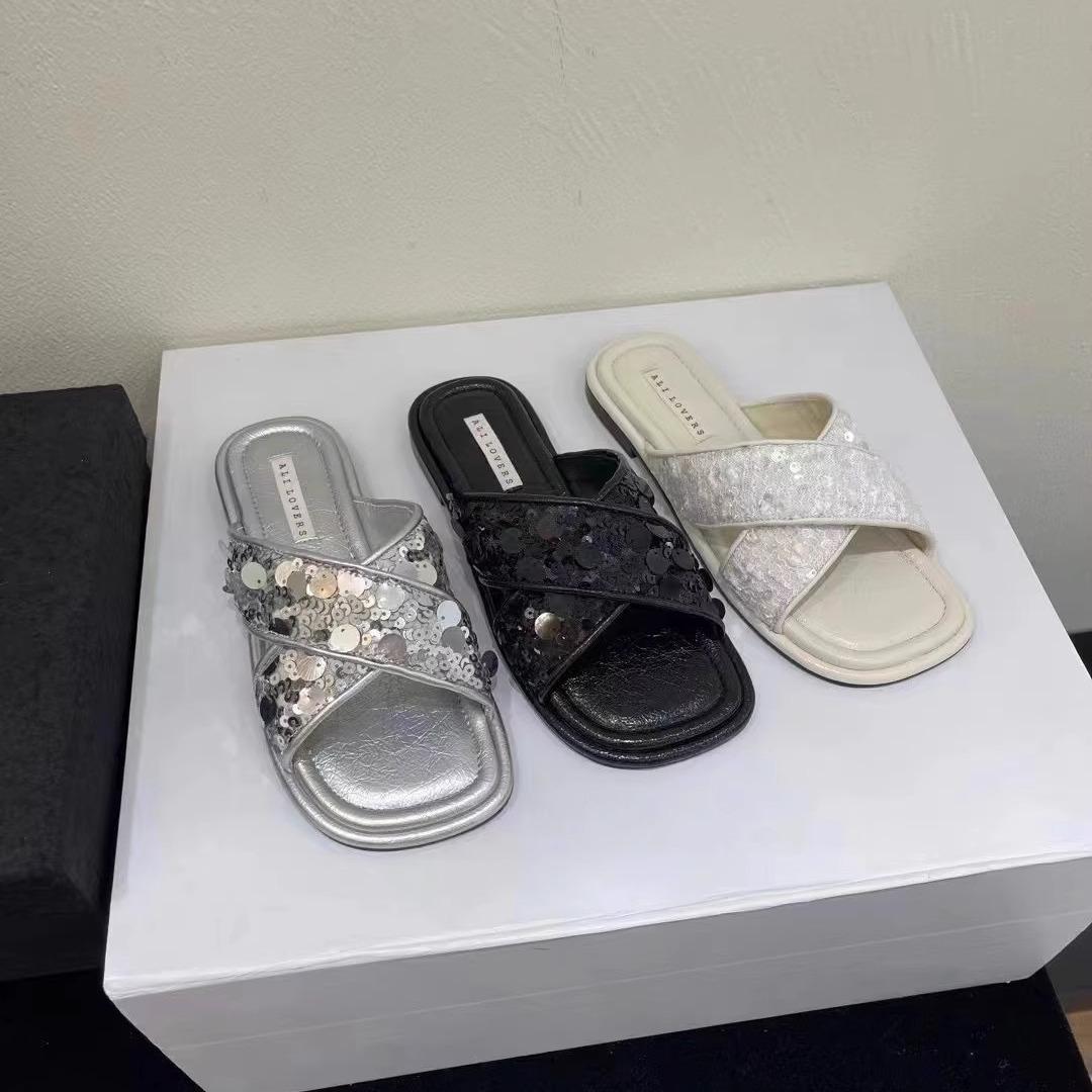 

Premium sequined flat-bottomed cool slippers female summer outer wear fairy slippers temperament soft-bottomed beach mop 40
