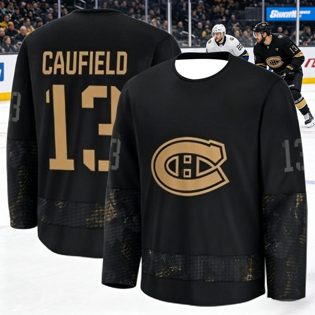 Tuta da Allenamento per Hockey su Ghiaccio Maschile Canadese - Traspirante, Asciugatura Rapida Versione Nera e Oro Manica Lunga Top Famiglia