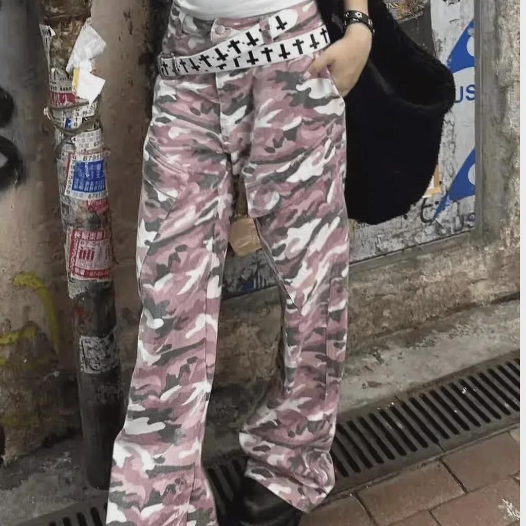 Men's Retro Pink Camo Hiphop Cargo Pants - Loose Fit, Wide-Leg Lumberjack Style