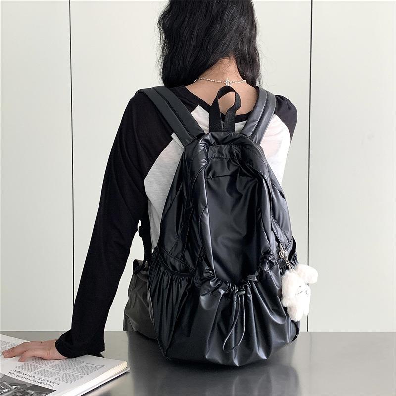 New Drawstring Pleated Silver Backpack Women's Wind Light Girls Casual Large Capacity Backpack Women