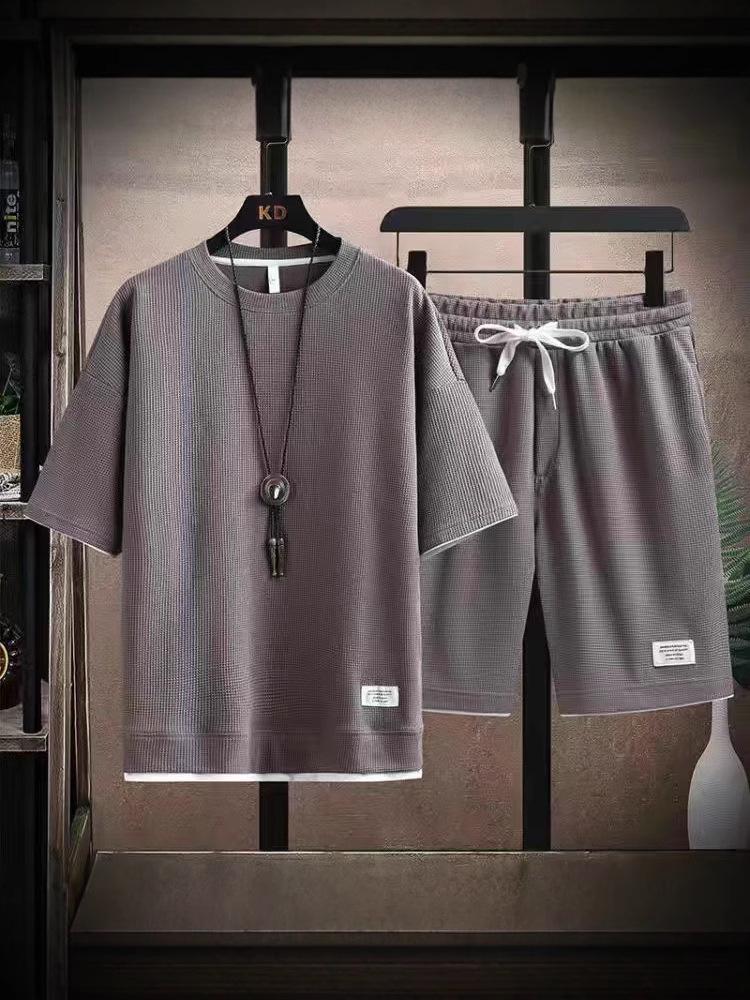 Men's Trendy Summer Waffle T-Shirt & Shorts Set - Loose Fit, Plus Size, Lightweight