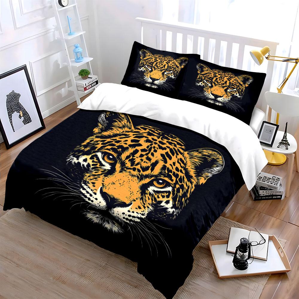 Leopard Face Illustration on Black Background Print Bedding Set Duvet Cover Pillowcases (1* Duvet Cover 2* Pillowcases Do Not Include Comforter)