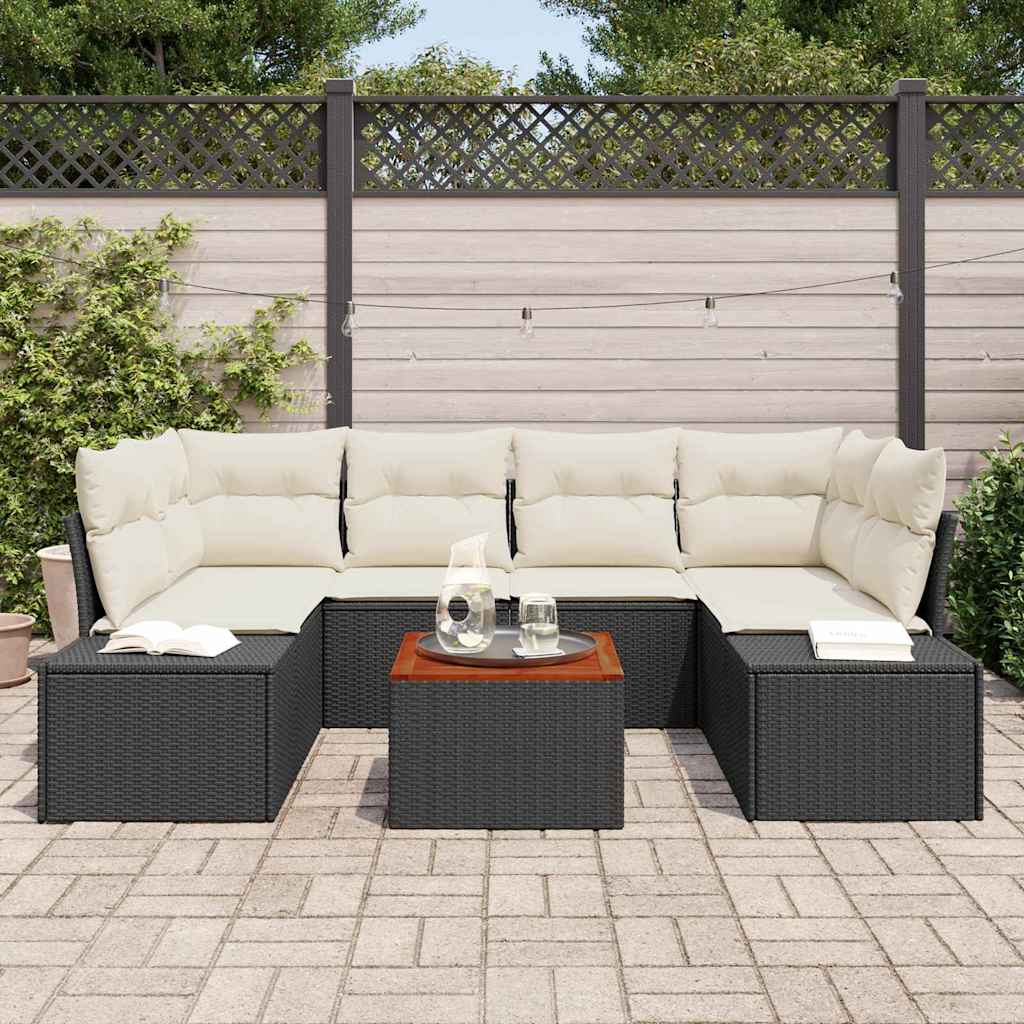 7 Piece Garden Sofa Set with Cushions Black Poly Rattan