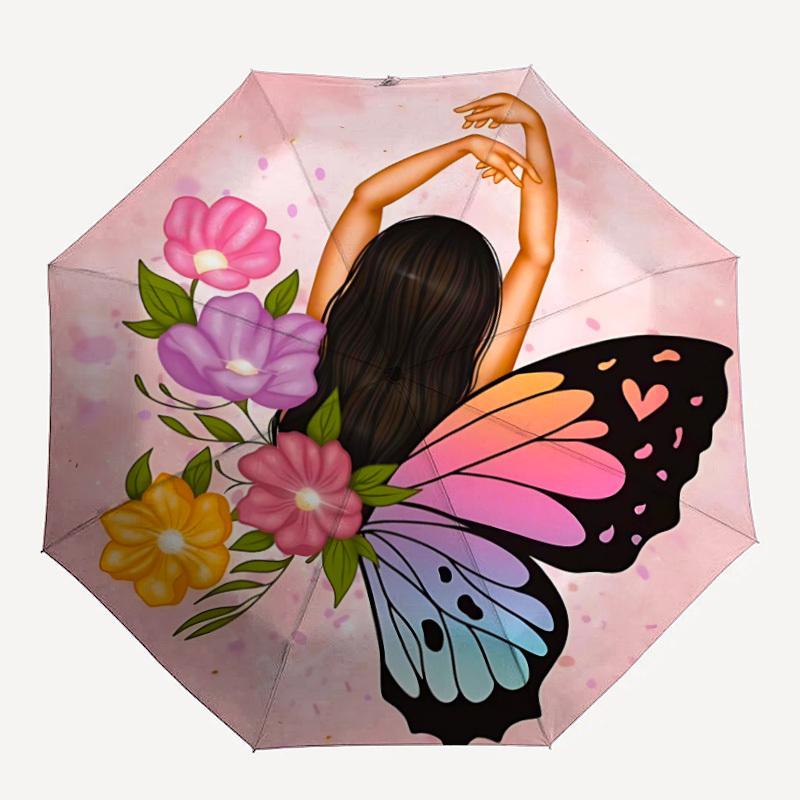 

1PC Butterfly Flowers Automatic Folding Umbrella - Compact 8-Rib Design, Durable Plastic & Iron, F010634