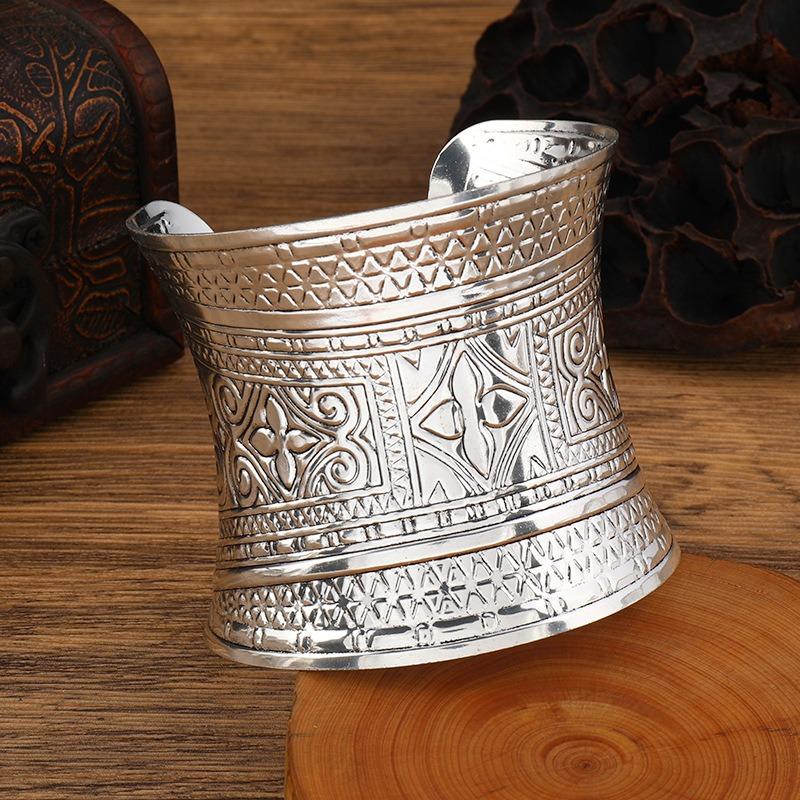 Wide Concave Bracelet Vintage Miao Silver Pattern Bohemian Bracelet Female Personality Exotic Bracelet Accessories