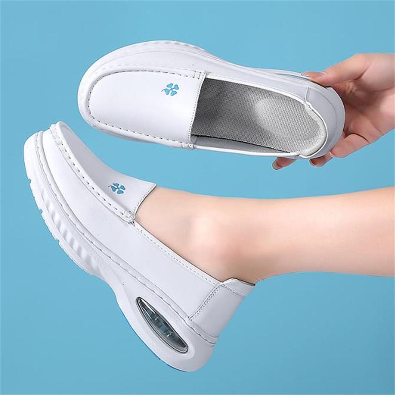 Fashion Women Genuine Leather Wedges Casual Shoes Loafers Soft Nurse Work Shoes Breathable Comfortable Non-slip White Nursing Shoes