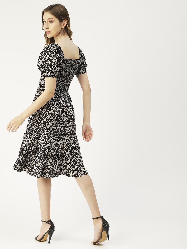 Moomaya Square Neck Tiered Dress, Knee Length Flared Smocked Summer Dress