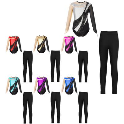 Langarm-Trikot mit Strasssteinen für Kinder und Mädchen mit Rundhalsausschnitt und Leggings für Skating-Gymnastik-Leistungen