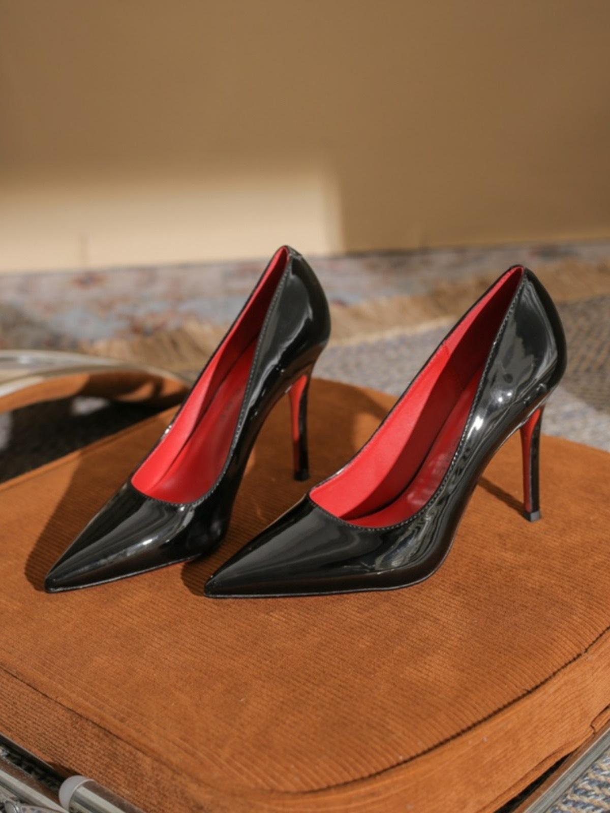 

Black Red Sole High Heels for Women In Spring New Pointed Toe Slim Heels Sexy and Shiny Temperament Single Shoes Patent Leather Women s Shoes 35