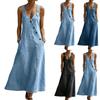 Abito lungo in denim da donna con bretelle, scollo a V rétro, vestito in denim ampio