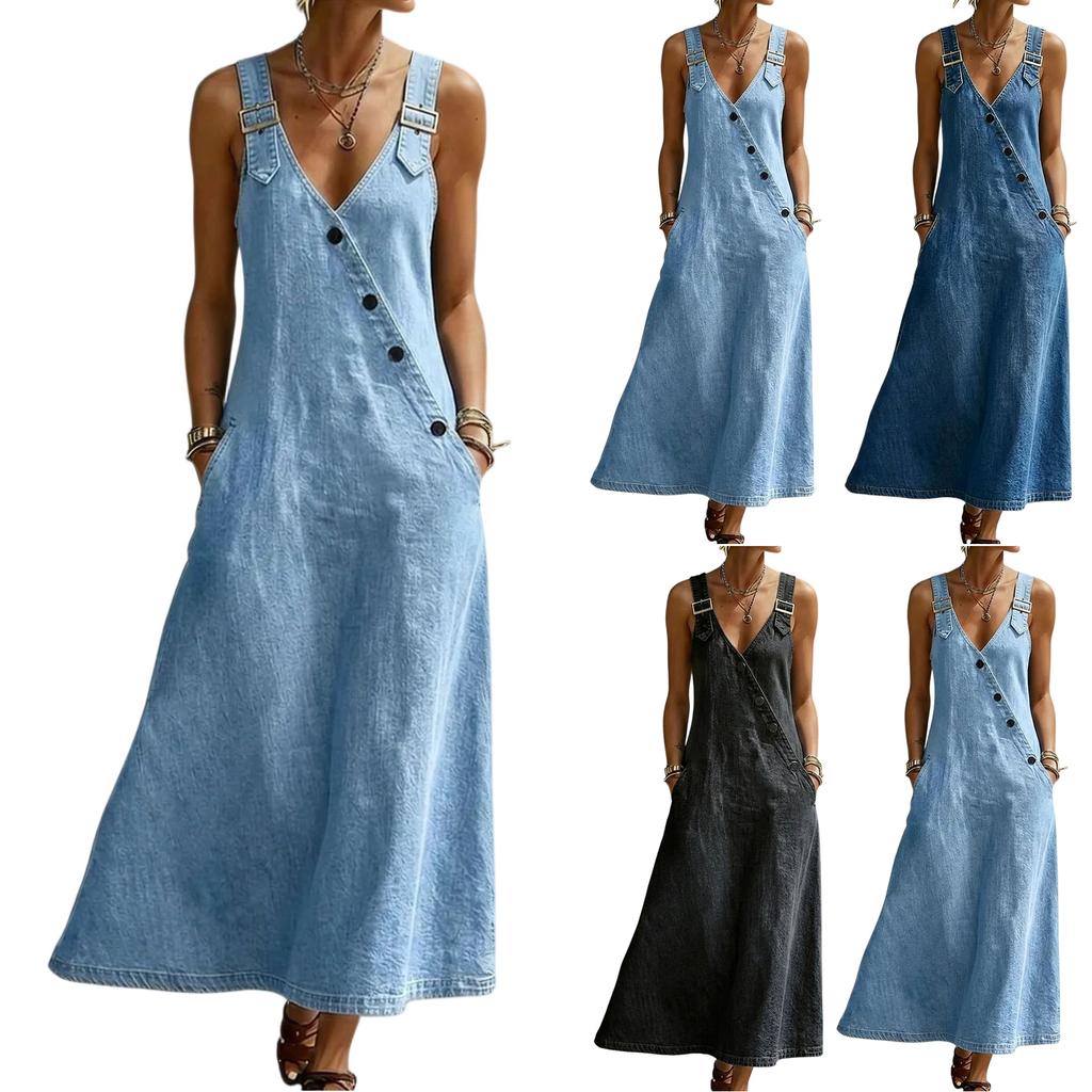Women’s Vintage V Neck Denim Overall Long Dress Loose Fit Sleeveless Adjustable Strap Button Down Casual Maxi Dress