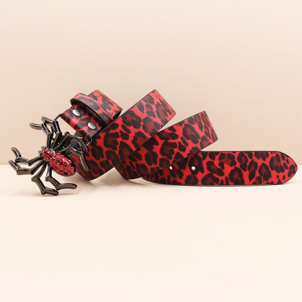 Y2K Leopard Print Rhinestone Spider Buckle Punk Leather Belt for Women