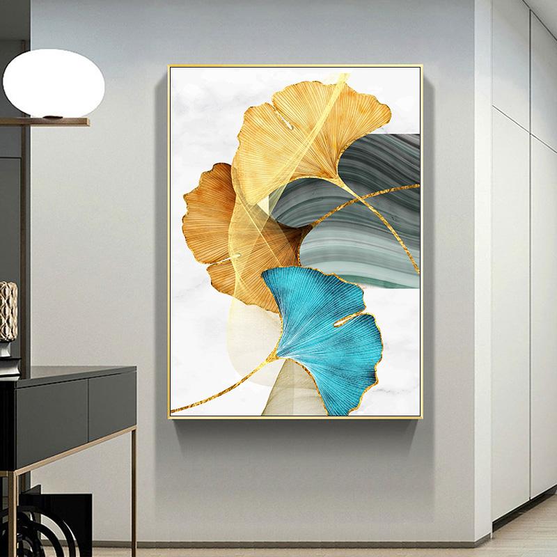 Pictură pe pânză cu plante cu frunze albastre aurii, afiș de perete modern abstract și imprimare imagini Nordia pentru decorarea camerei de zi