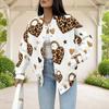 Women Plus Size White Leopard Heart Lock Printed Baseball Collar Long Sleeve Jacket With Pockets