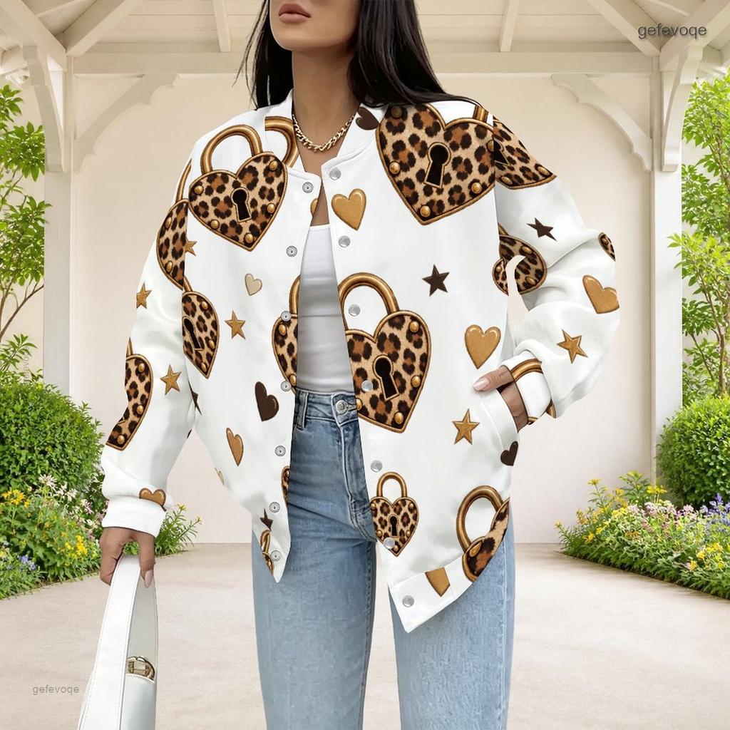 Women Plus Size White Leopard Heart Lock Printed Baseball Collar Long Sleeve Jacket With Pockets