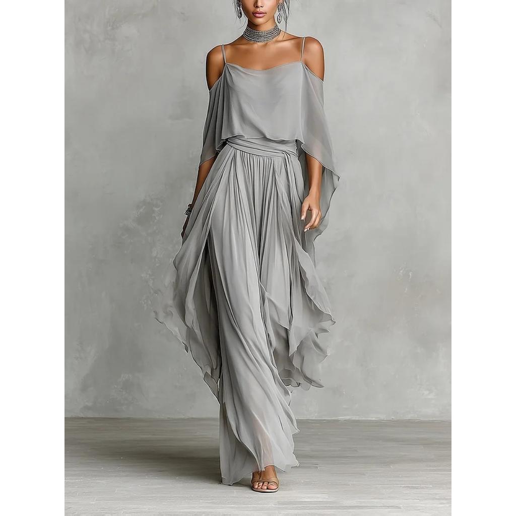 Nuovo Arrivo Set Completo da Donna con Top Bardot in Chiffon e Pantaloni a Gamba Larga Grigio Outfit Moda Irregolare per Crossbody Europeo Americano