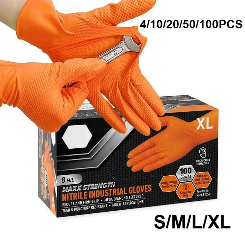 

8 Mil Heavy Duty Industrial Orange Disposable Nitrile Gloves Diamond Textured Tear-Resistant for Mechanic Safety & Work Glove 100pcs