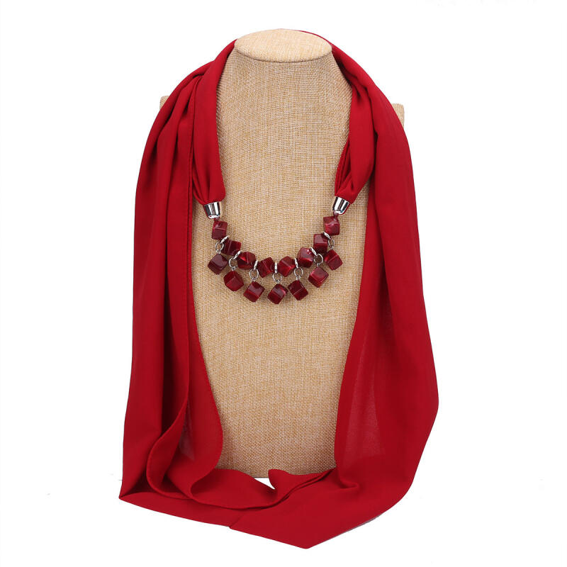 Bold Red Chiffon Scarf Necklace with Cubic Beads – Fashionable Infinity Scarf for Women, Statement Jewelry Accessory
