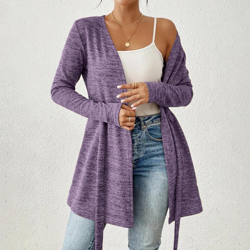 Women's Fashion Solid Color Long Sleeve Tie Casual Loose Cardigan Tops Jacket