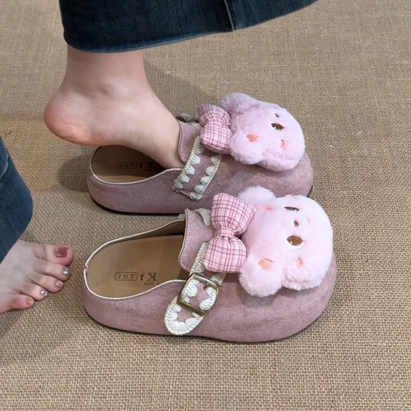 Suède Meisjes Hart Strik Beer Baotou Schoenen Dames 2025 Herfst Schattig Cartoon Mori Retro Veelzijdige Pantoffels