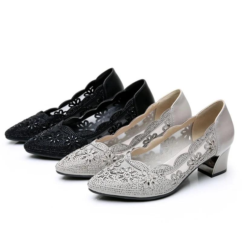  Woman Spring Summer Fashion Hollow Genuine Leather Pumps Women Shoes Heels Square Heel Mesh Ladies Office Shoes Crystal