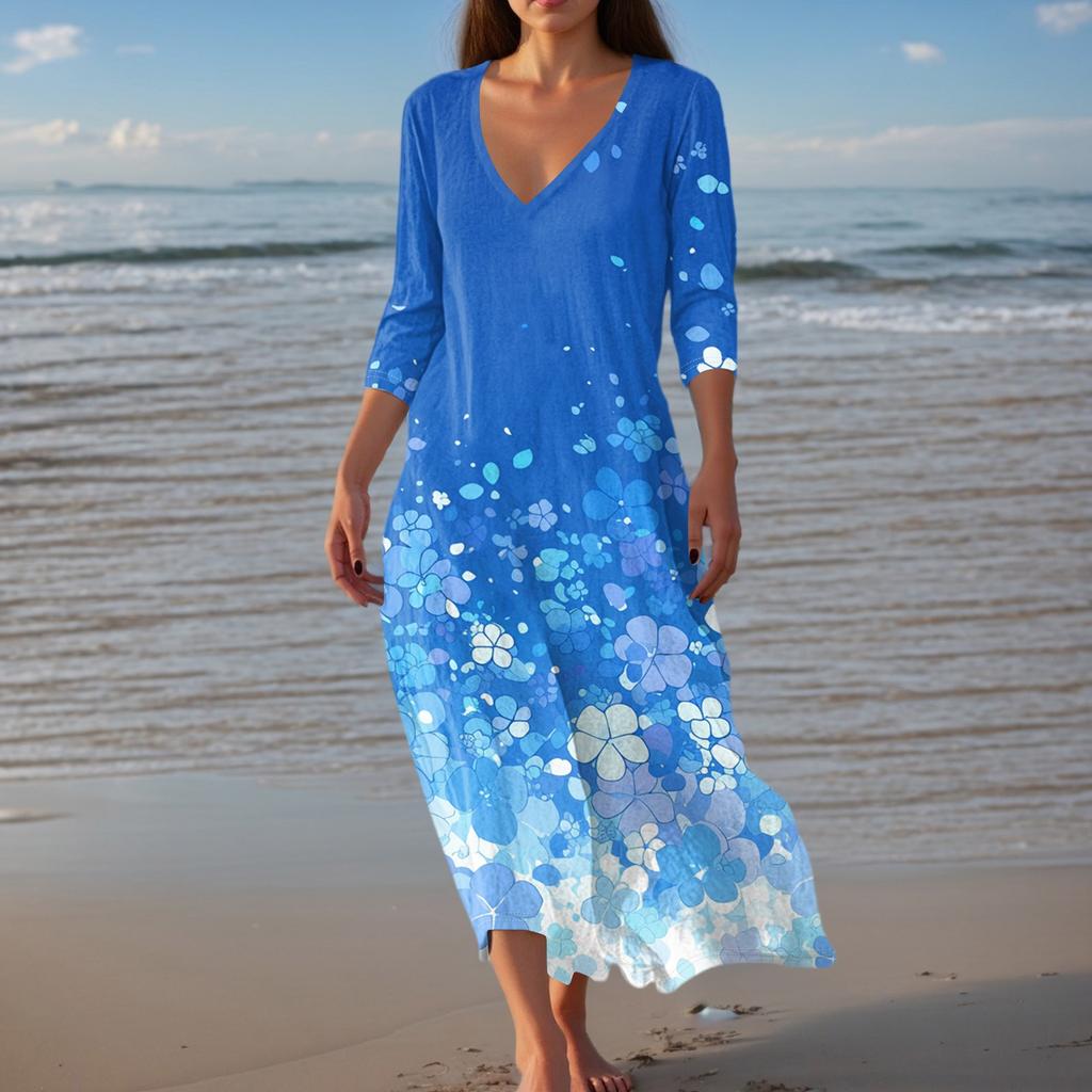 Women's Vintage Print Tunic Waisted Midi Dress Summer Casual 3/4 Sleeve Dress Dress
