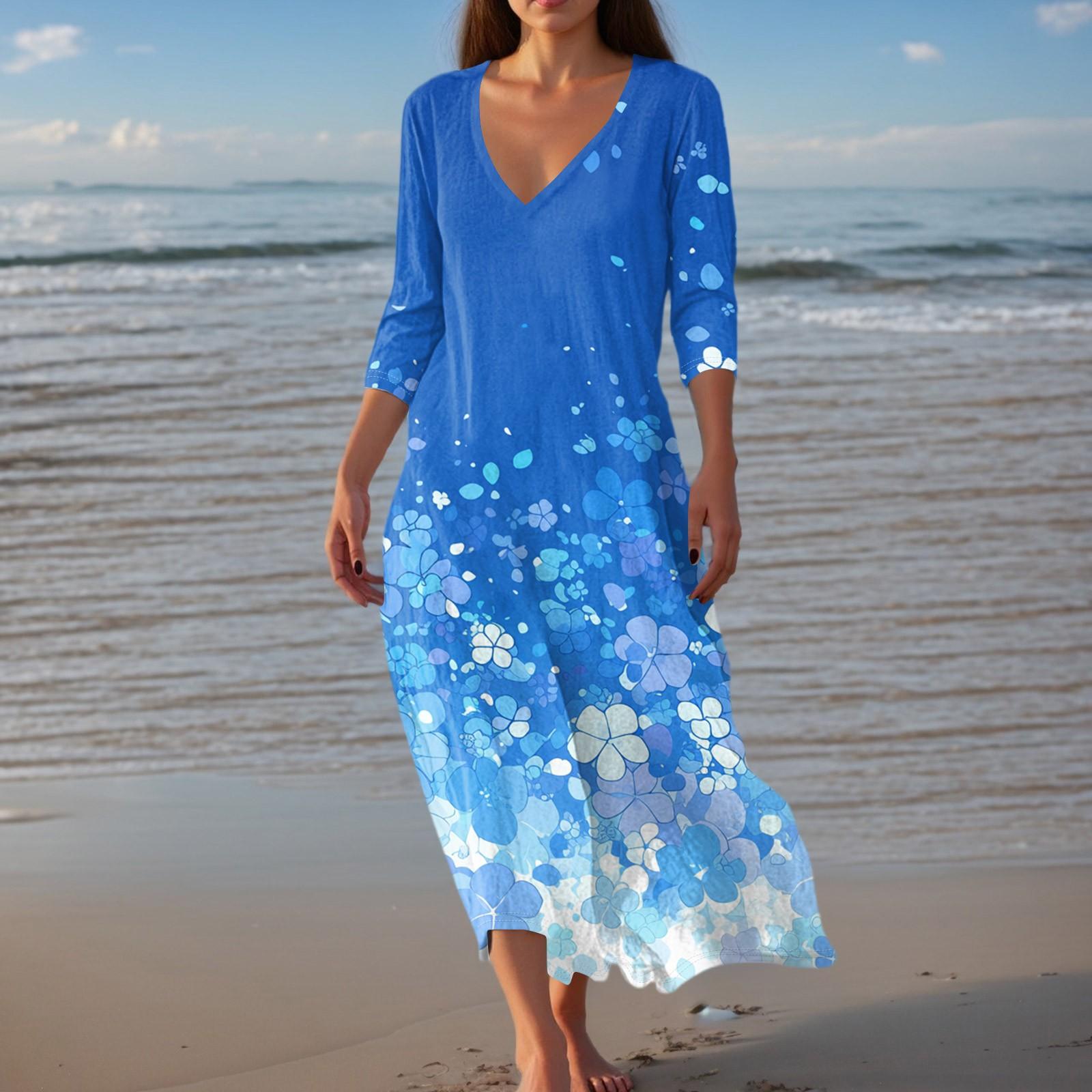 

Женское винтажное туниковое миди-платье с принтом, приталенное, летнее, повседневное, с рукавом 3/4 XL небесно-голубой