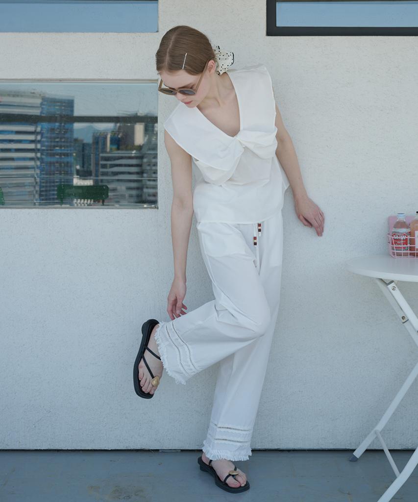 OPENING SUNSHINE Punched Lace Cotton Elastic Waist Wide Pants White
