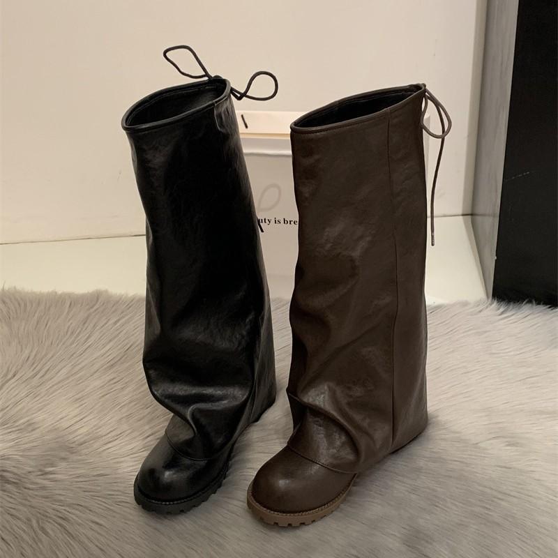 Korean version of trouser boots women's 2025 autumn and winter new Maillard retro pleated knight boots stacked boots