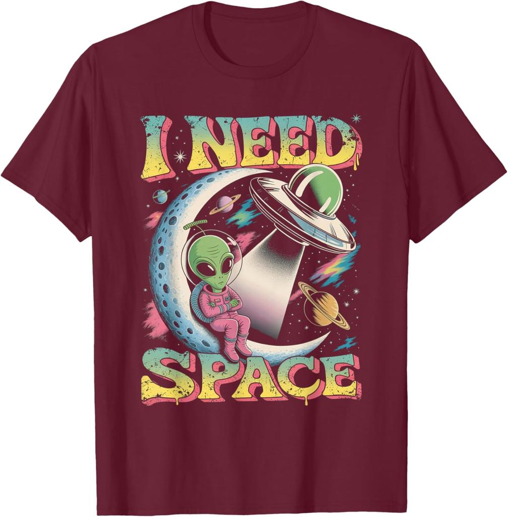Alien Ich brauche Platz Retro Mond Sitzendes UFO Grafik T-Shirt Baumwolle Lässig Reise T-Shirt