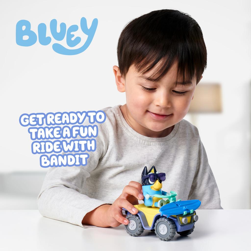 Bluey Bandit Surf Beach Toy Set, 3-Inch Poseable Bandit Figure, Beach Toy Kit with Sunglasses, Quad Bike, and Surfboard Accessories