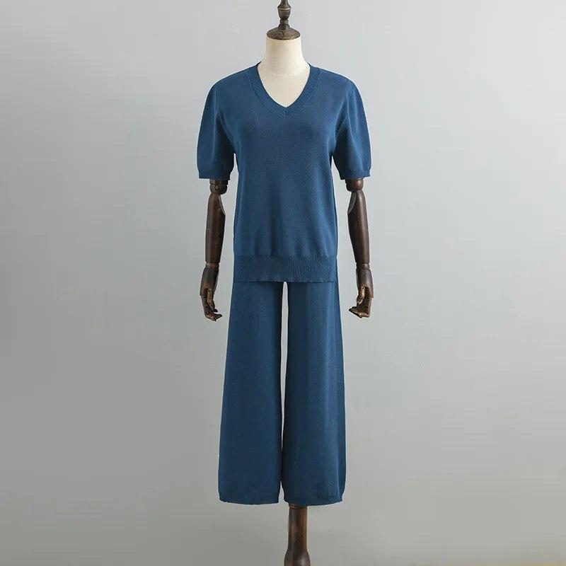 Basic V Neck Spring Summer Women T Shirt Set Fashion Knit Loose Casual Two Piece Short Sleeves Tracksuit Ladys Pant Suit