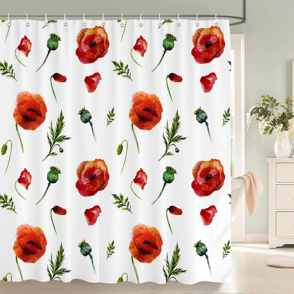 Red Flowers Shower Curtains Waterproof Fabric Floral Bath Curtains For Bathroom Bathtub Large Wide Bathing Cover With Hooks