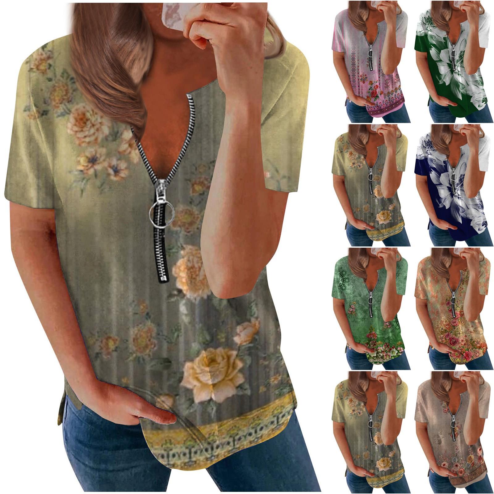 

Модные летние рубашки Женская мода Повседневная винтажная повседневная футболка с цветочным принтом с коротким рукавом на молнии с v-образным вырезом Пуловер Блузка Топы
