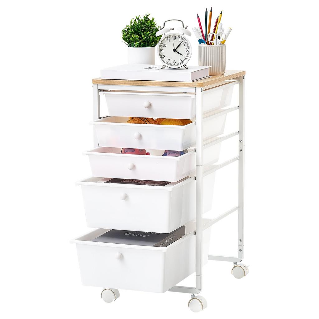 VEVOR Rolling Cart with Drawers, 5 Drawer Storage Organizer, Mobile Utility Cart with Wood Top, Steel Frame, Universal Casters & 2 Brakes