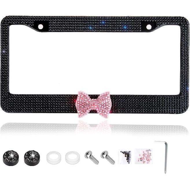 Fashion Black Frame Pink Bowknot Design Crystal License Plate Frames,Exclusive Bling License Plate Holder,Waterproof Rhinestone License Plate Cover(1