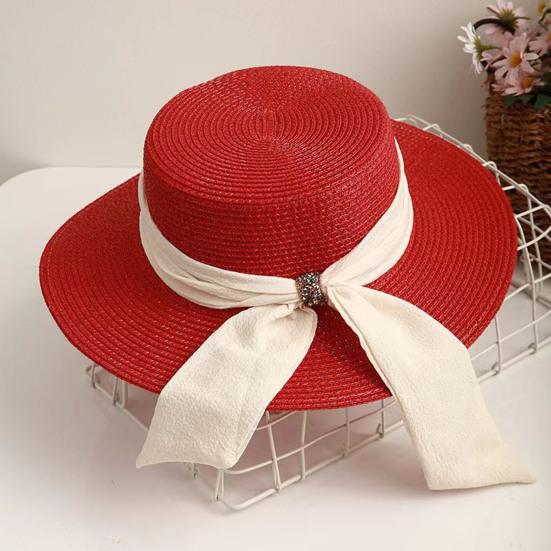 Straw Hat Lightweight Breathable Flat Top Wide Brim Sun Protection Hat Metal Buckle Ribbon Decorated Hat Summer Beach Hat