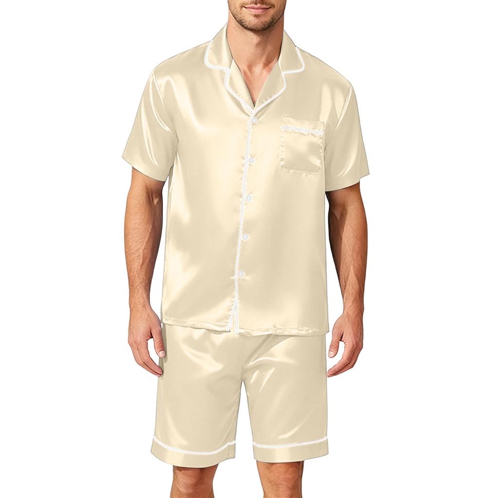 Men Satin Short Sleeve Pajama Set Two Piece Button Down Shirt and Shorts with Pocket Lightweight Sleepwear Lounge Set