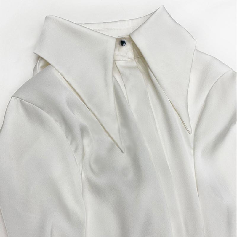 Stylish Elegant Turn Down Collar White Long Sleeve Satin Shirts Fashion Woman Vintage Blouse Office Lady Tops