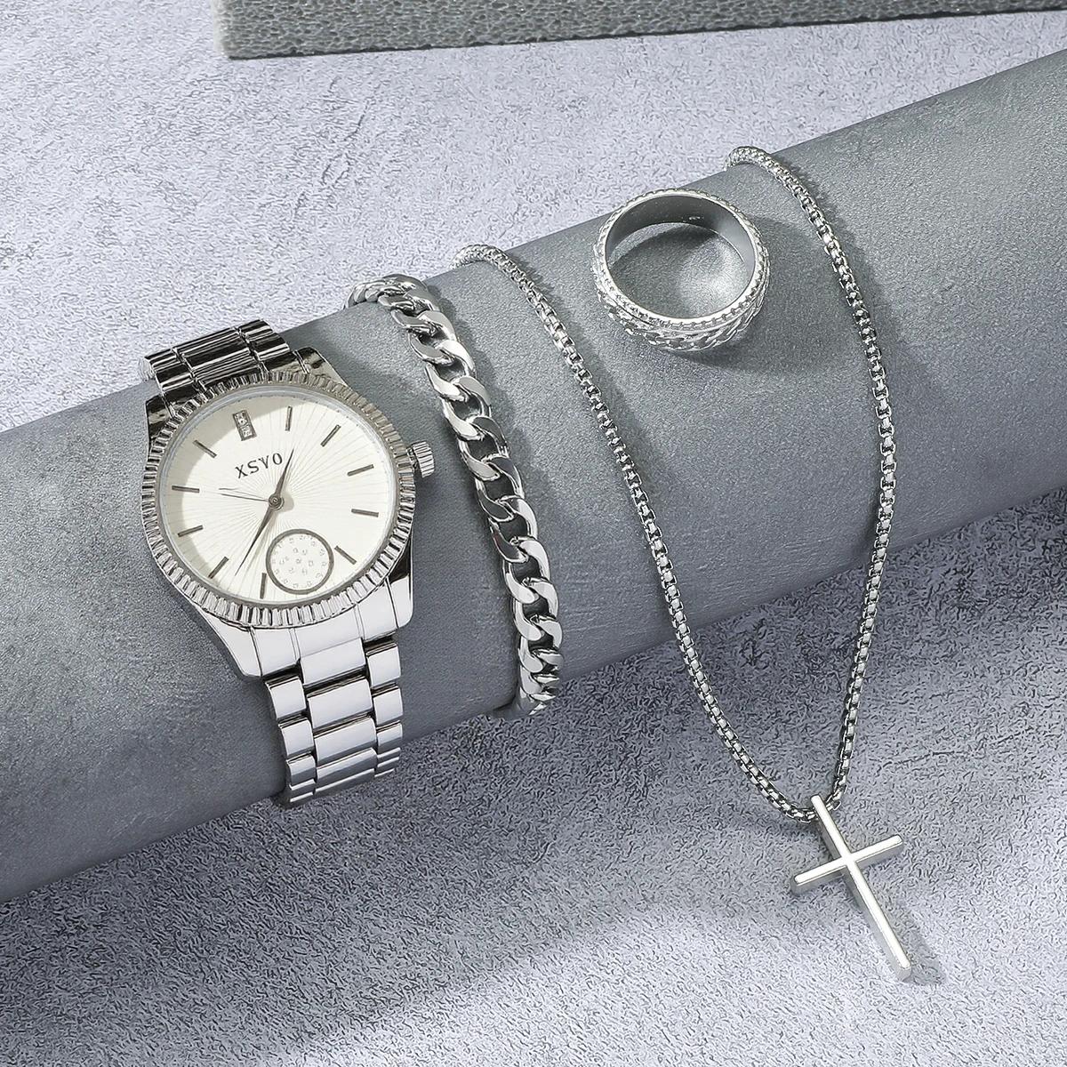 

Fashion light luxury alloy steel band disc women s quartz watch and bracelet 4 piece set, suitable for daily wear, Christmas gif серебряный