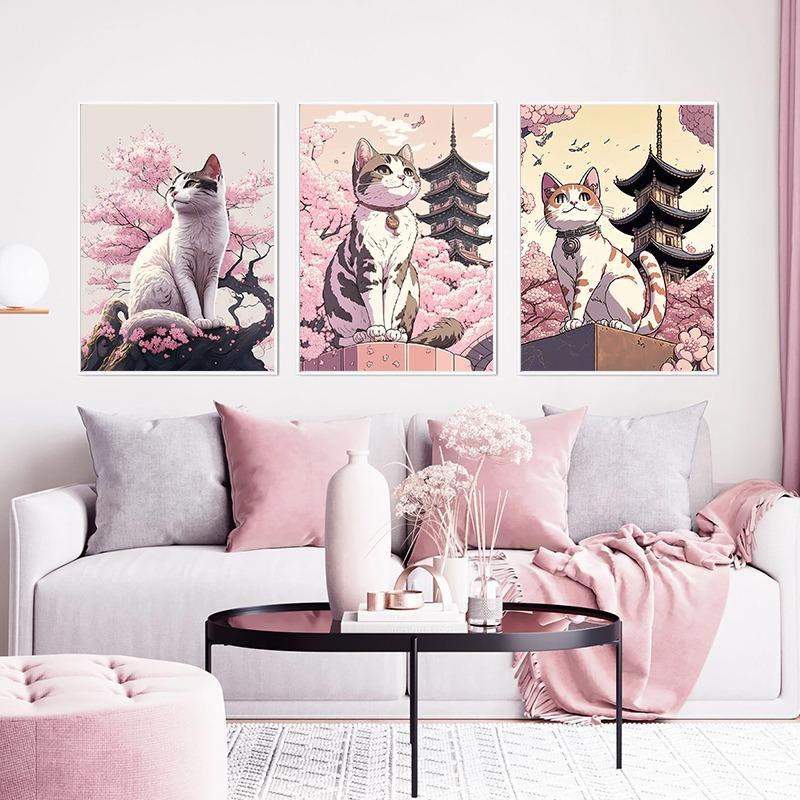 Japan Pop Art Cat Nature Cherry Blossom Landscape Canvas Poster Colorful Aesthetics Home Wall Cartoon Decor Bedroom Cafe Picture