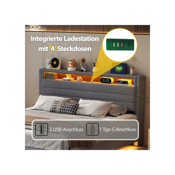 Lit Rembourré - MUVOE - 160x200 Cm - Prise USB - Lumières LED - Rangement Hydraulique