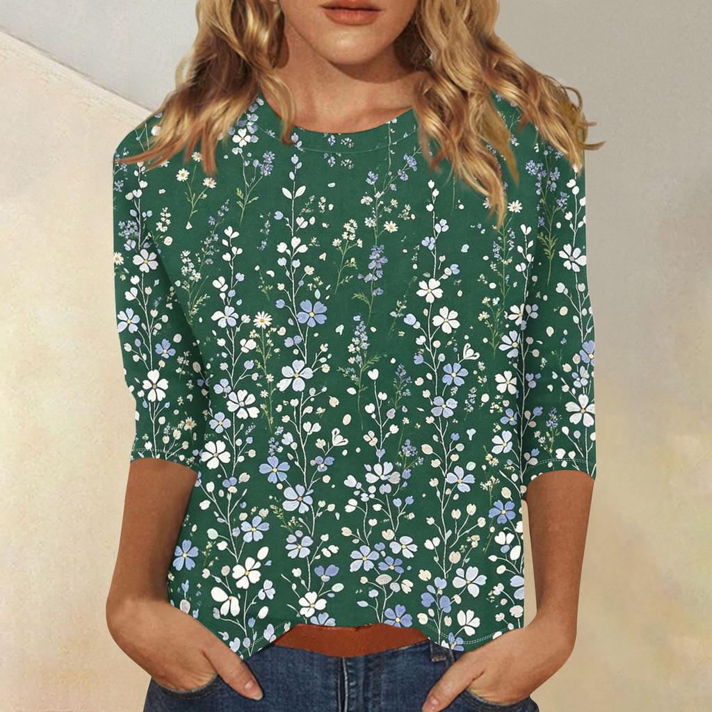 Top da Donna Casual con Stampa Floreale, Manica a Tre Quarti, Girocollo, Leggero, Vestibilità Comoda, Per l'Uso Quotidiano